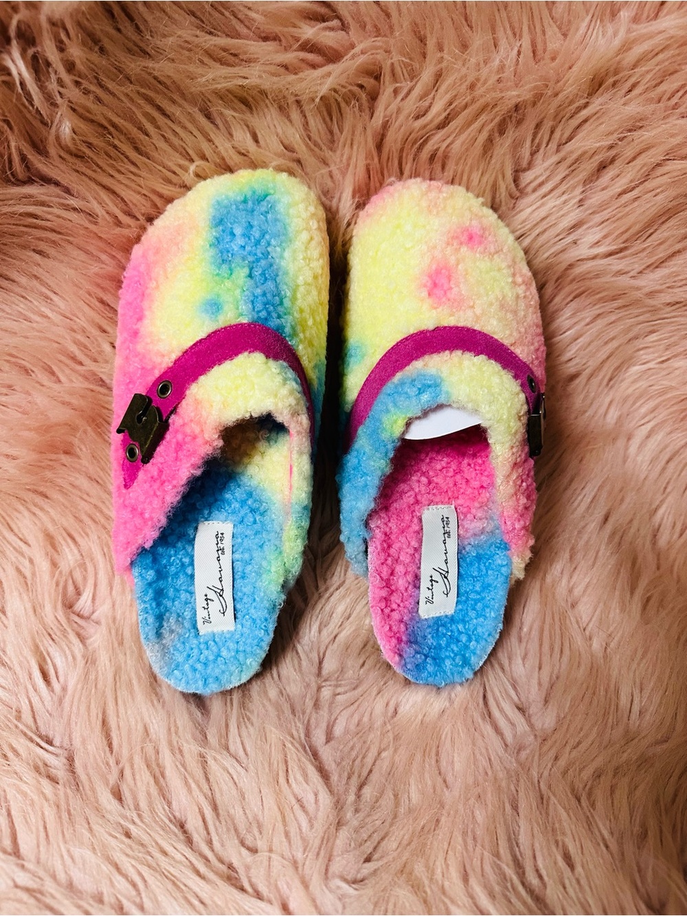 Vintage Havana Rainbow Fuzzy Shearling Mules - Pink, Yellow, Blue